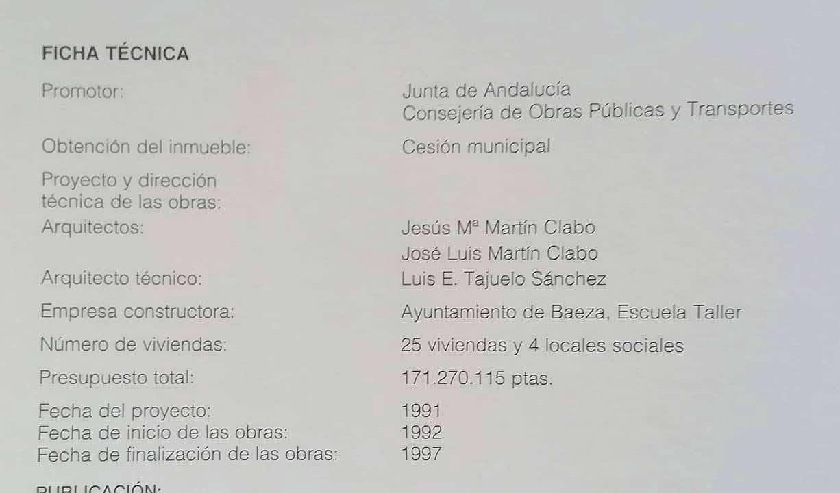 Ficha técnica del proyecto con promotor, arquitectos, arquitecto técnico, empresa constructora, número de viviendas, presupuesto y fechas.