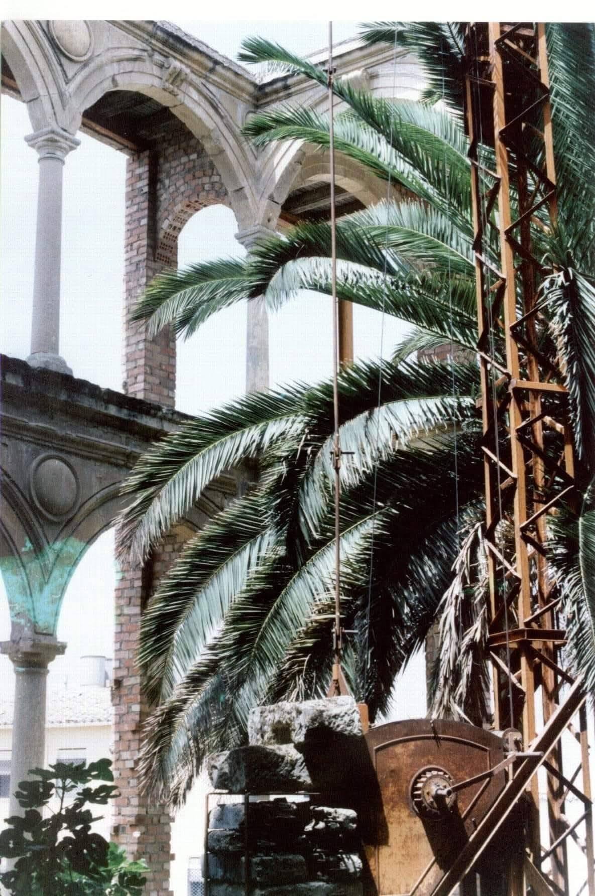 Vista del patio durante las obras, con grúa de obra y palmera central junto a las arcadas restauradas.