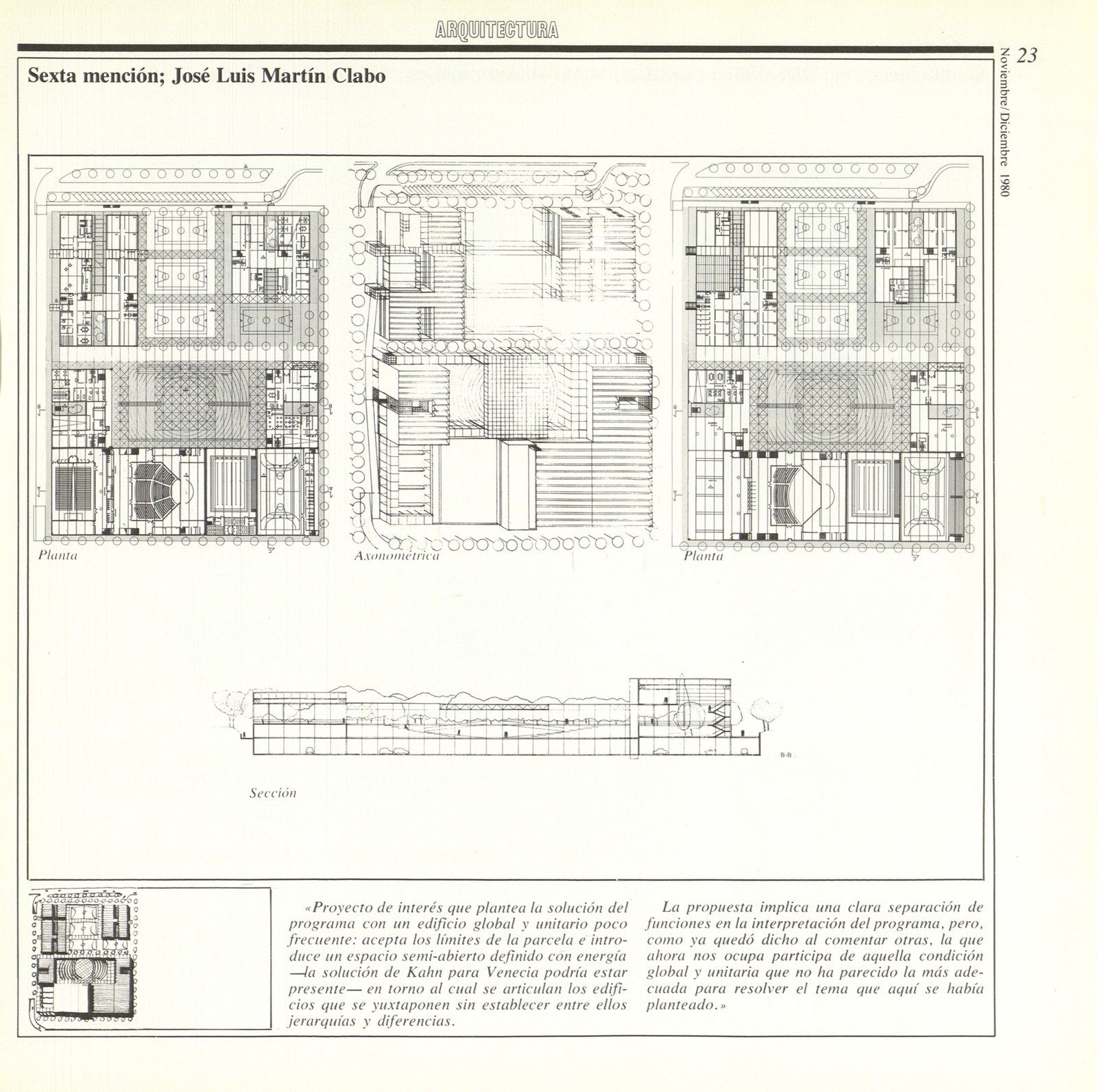Planos, axonométrica y sección del proyecto de Martín Clabo para el Centro Cívico de La Vaguada, publicados en la revista Arquitectura del COAM, nov-dic 1980.